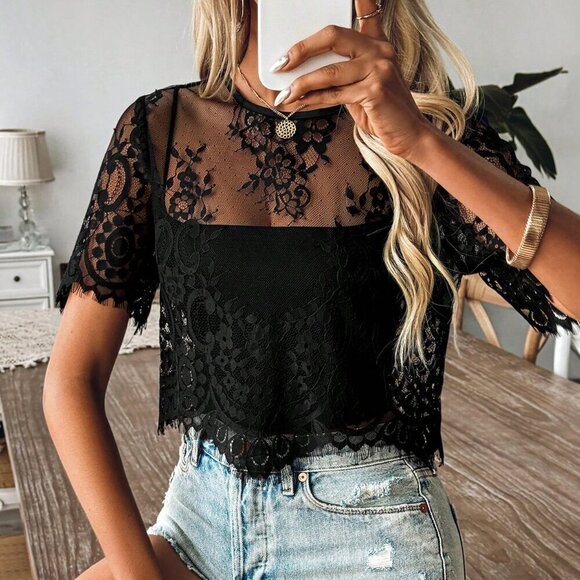 Black Sexy Women's Heavy-Duty Mesh Top With Nail Beads - Picture 3 of 6